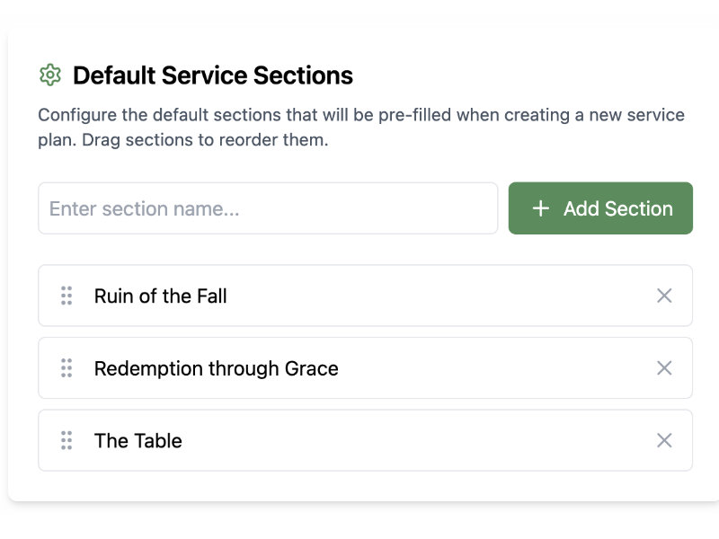ServiceAssistant flexible service builder showing customizable liturgical sections and worship flow design