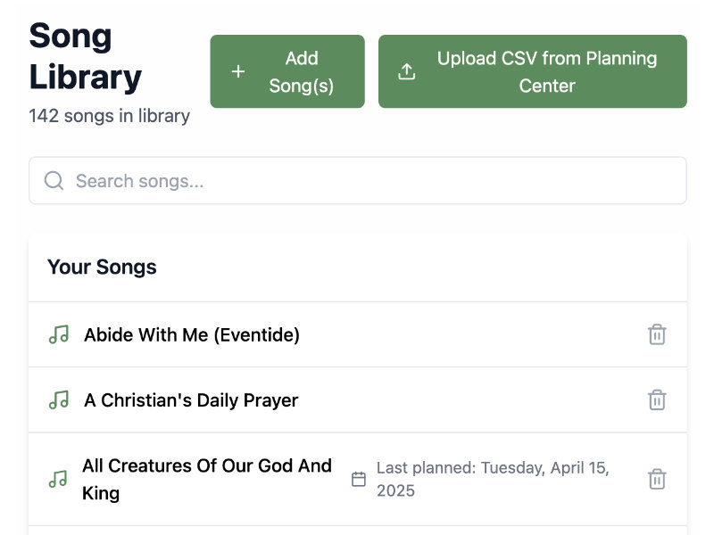 ServiceAssistant smart song library management interface for organizing church music and tracking song usage
