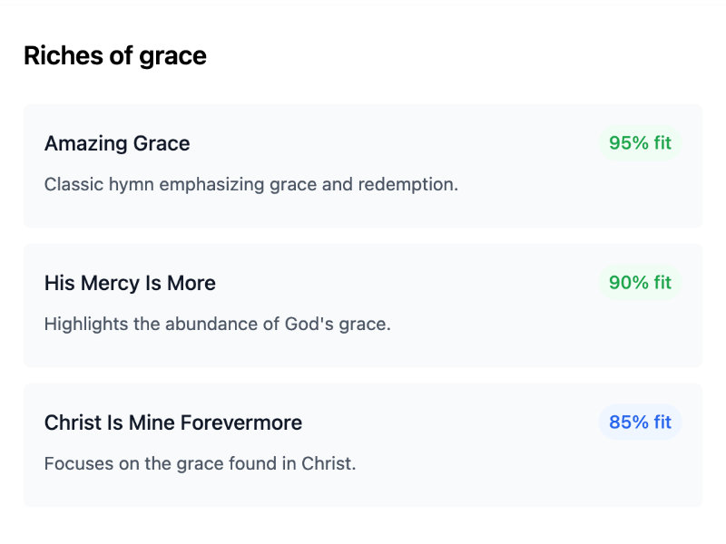 ServiceAssistant intelligent song recommendations interface showing sermon theme matching with worship songs